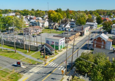 Aerial view of mural building and trolley car