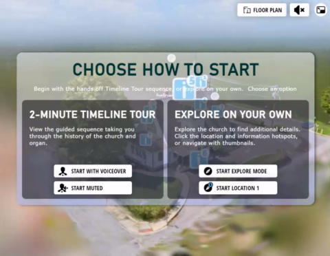Animated initial view of virtual tour orbiting church